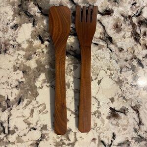 Vintage Mid Century Modern Walnut Wood Salad Serving Set Spoon and Fork 12"